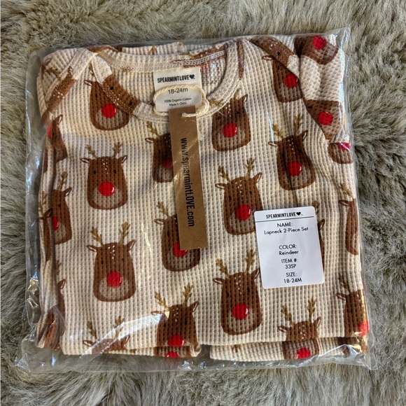 NEW SPEARMINT LOVE Reindeer Two Piece Organic Cotton Waffle Set, Size 18-24m - Picture 5 of 7